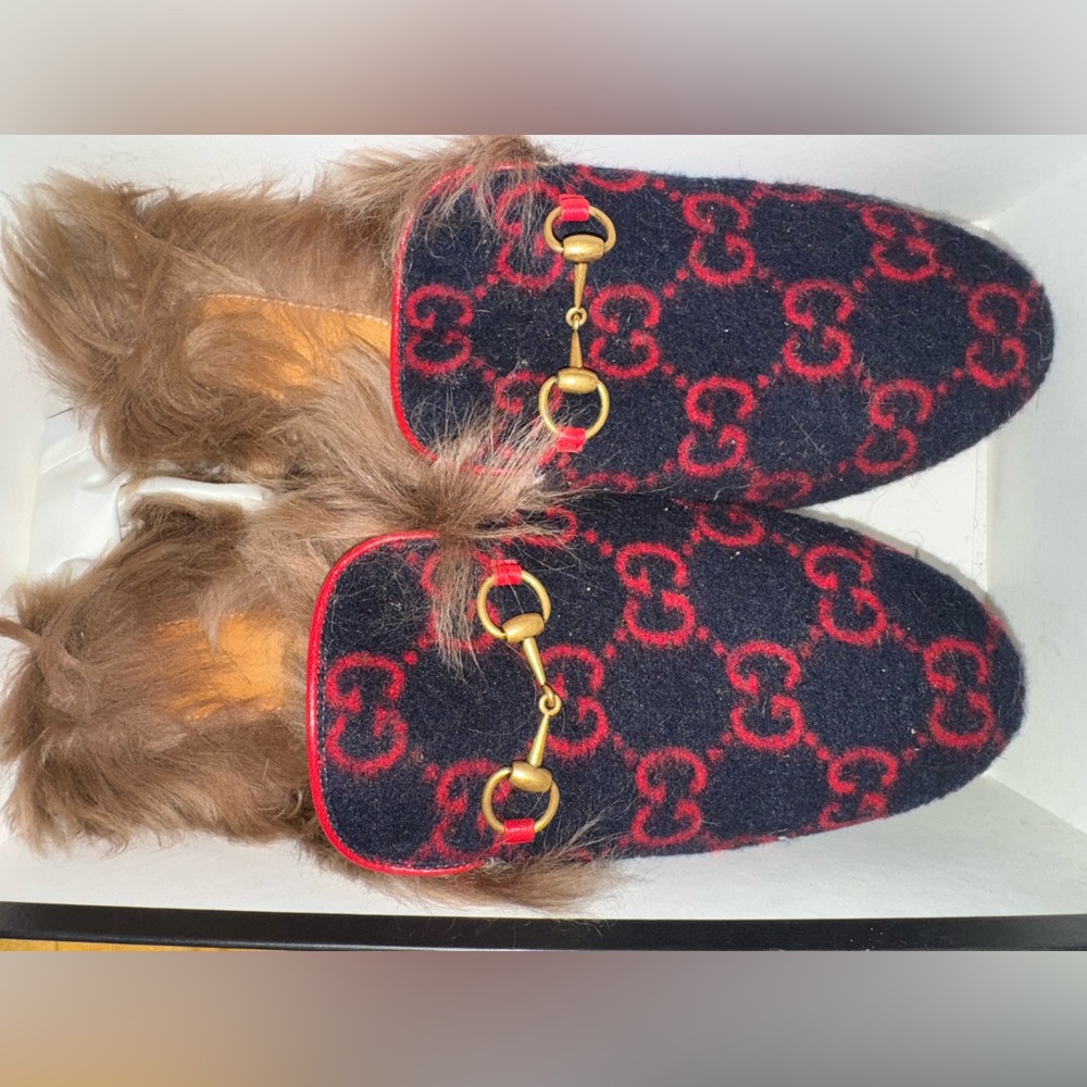 Gucci Black & Red GG Wool Fur-Lined Horsebit Slippers